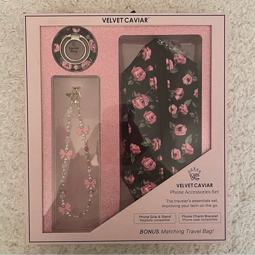 VELVET CAVIAR Phone Accessories Set Pink Rose Floral NIB
